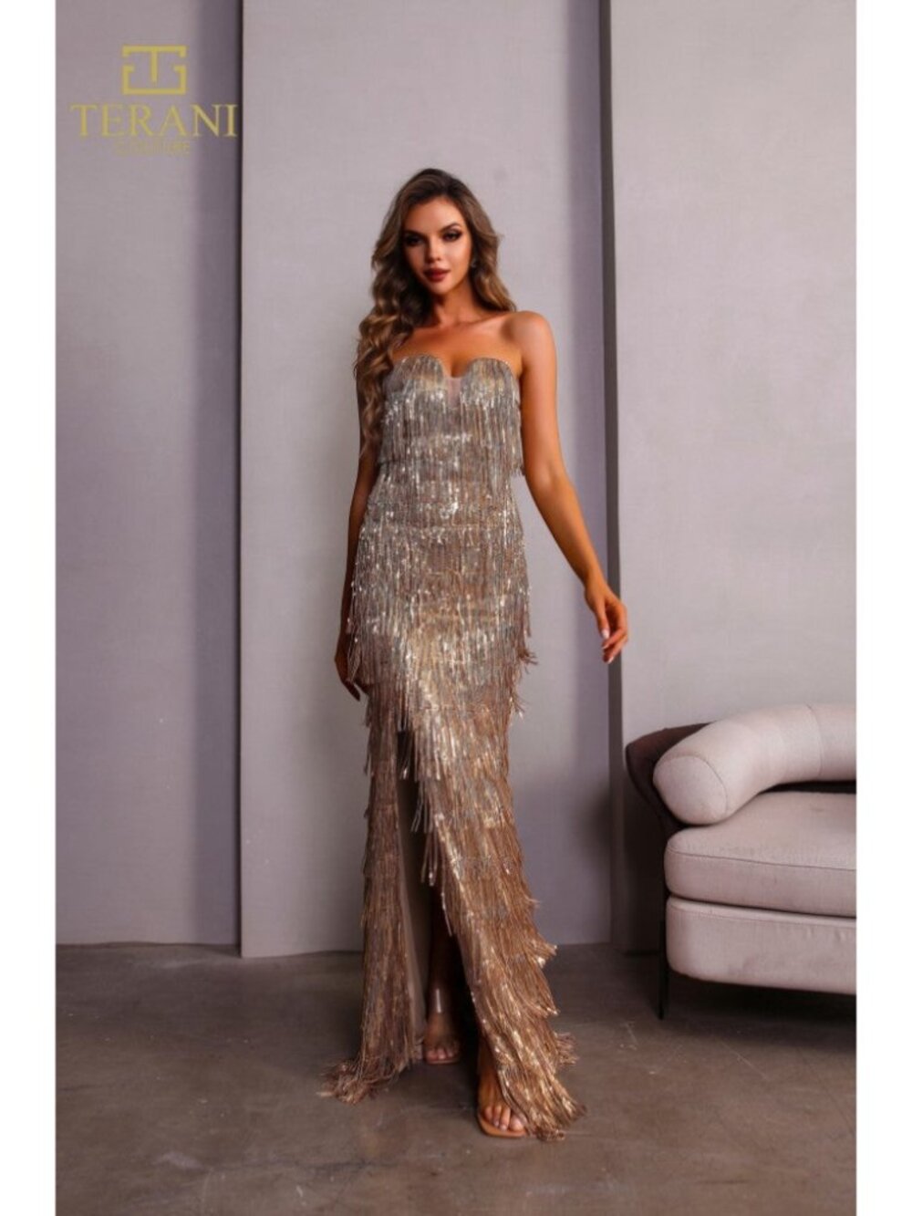 Clearance Gold 10 Sophisticated Prom Evening Strapless Long Formal Tulle Dress